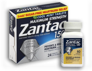 Zantac heartburn drug box and bottle